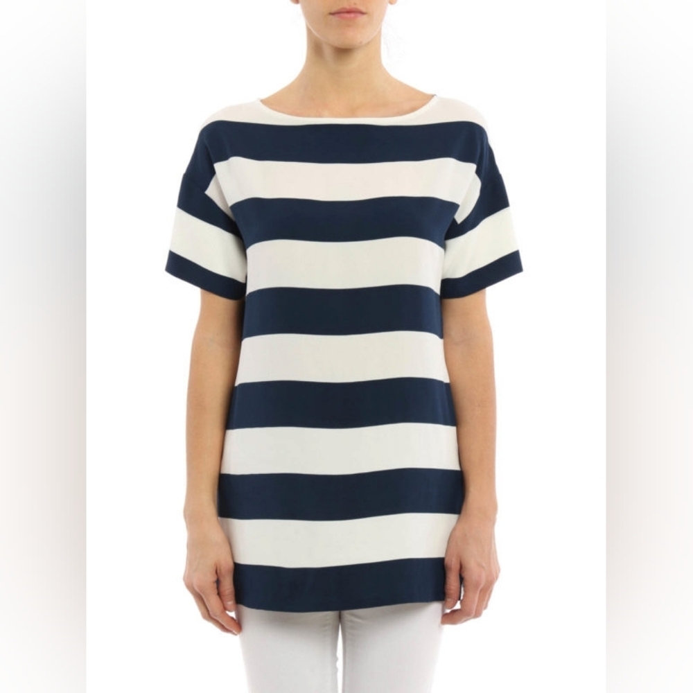 DOLCE & GABBANA Navy White wide‎ Stripe Lightweight crepe striped blouse 42 US 6